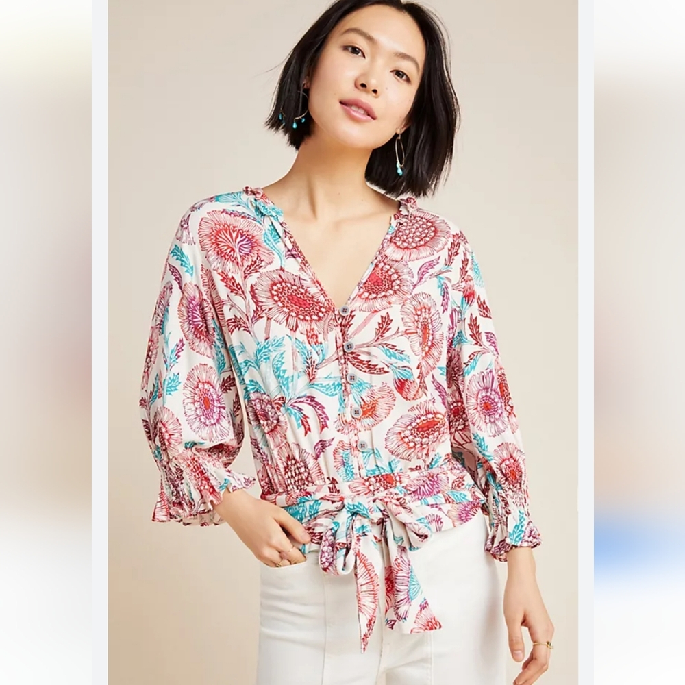 Anthropologie Tugboat Saraya Boho Floral Tie Front Blouse Women's Size X-Small
